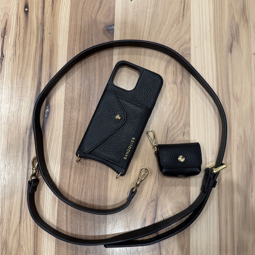 Bandolier Black iPhone 15 Pro Max Phone Case with Strap and AirPod Case